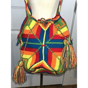 Wayuu Mochila Woven Bucket Bag Crossbody Tribal Drawstring Fringe Bright Neon